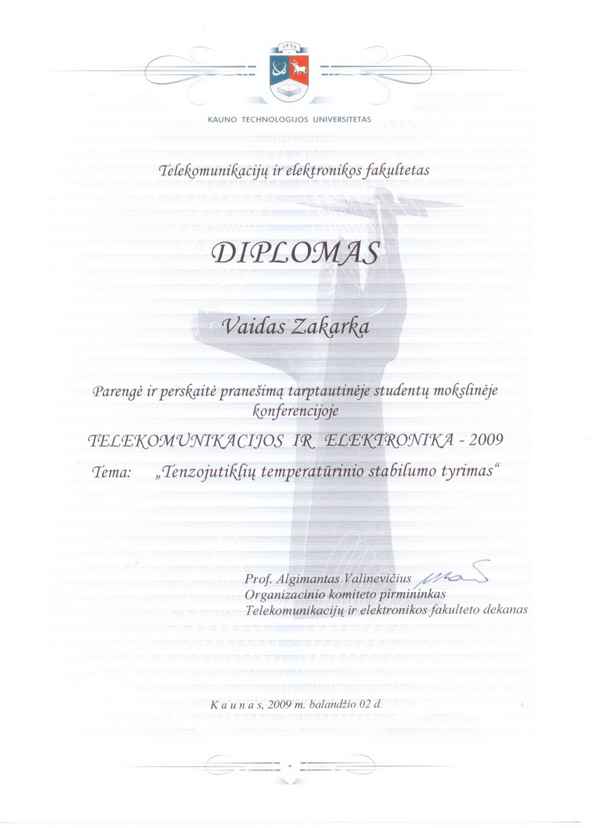 "Telecommunications and electronics 2009" conference diploma